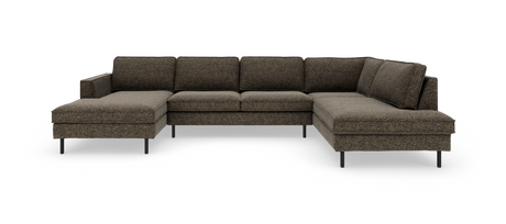 Brun U‑formet modulsofa med chaiselong i begge ender og slanke sorte ben.