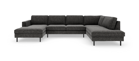Mørkegrå U-formet modulsofa med chaiselong i begge ender og slanke metalben.