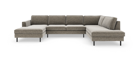U‑formet hjørnesofa med chaiselonger i begge ender, gråbeige stof og sorte ben.