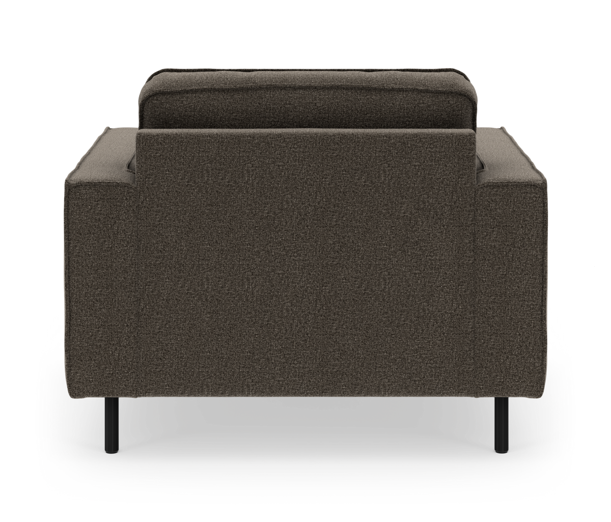 Mørkebrun sofa set bagfra på hvid studiebaggrund med slanke sorte ben.