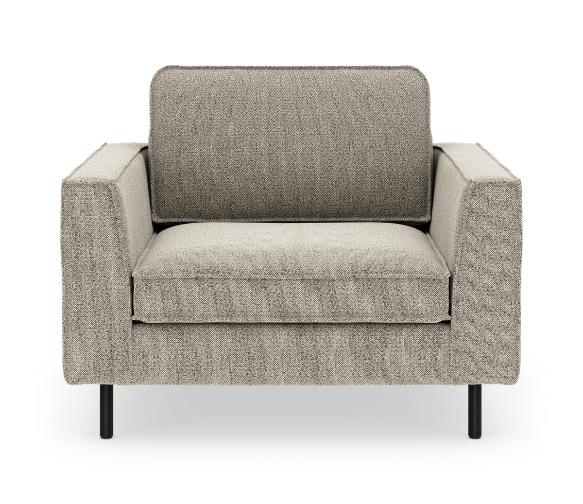 Beige lænestol i moderne, kantet design på sorte ben, frontvisning, isoleret på hvid baggrund.
