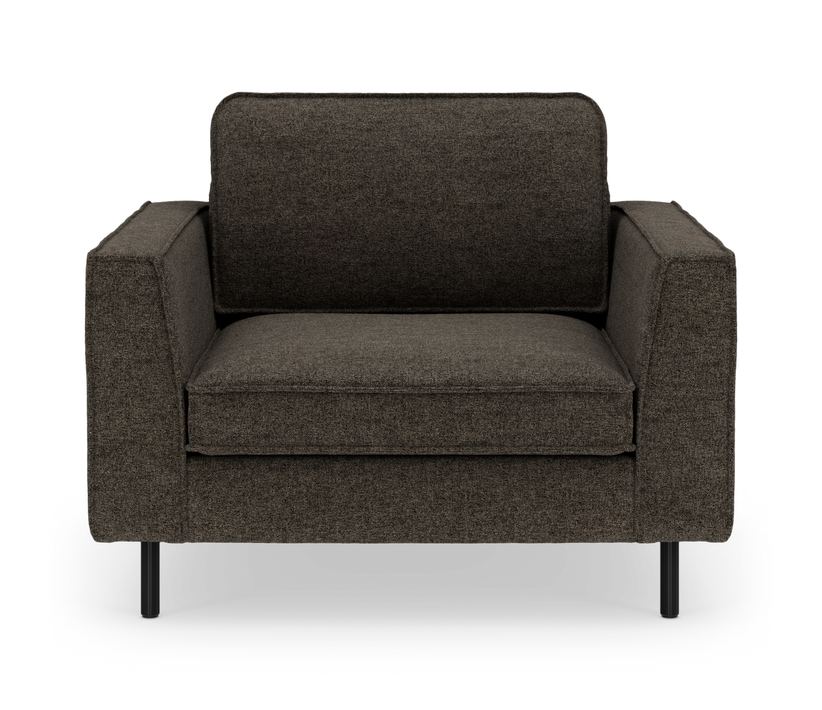 Mørkegrå lænestol i moderne, minimalistisk design med lige armlæn og sorte metalben, fotograferet lige forfra mod hvid studiebaggrund.