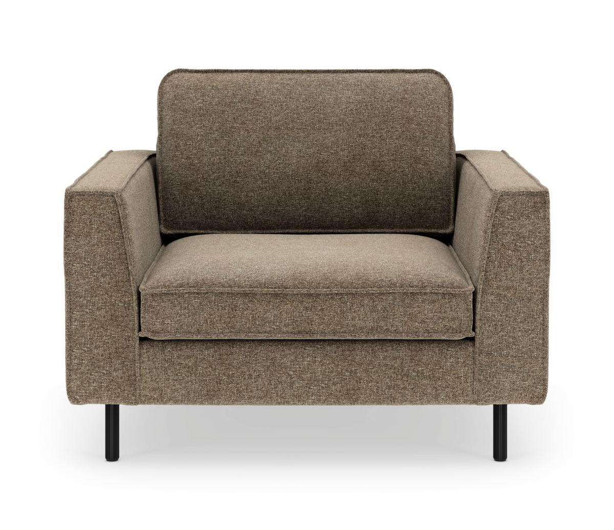 Brun/beige stoflænestol i moderne, firkantet design med smalle sorte ben, set forfra på studiobaggrund.