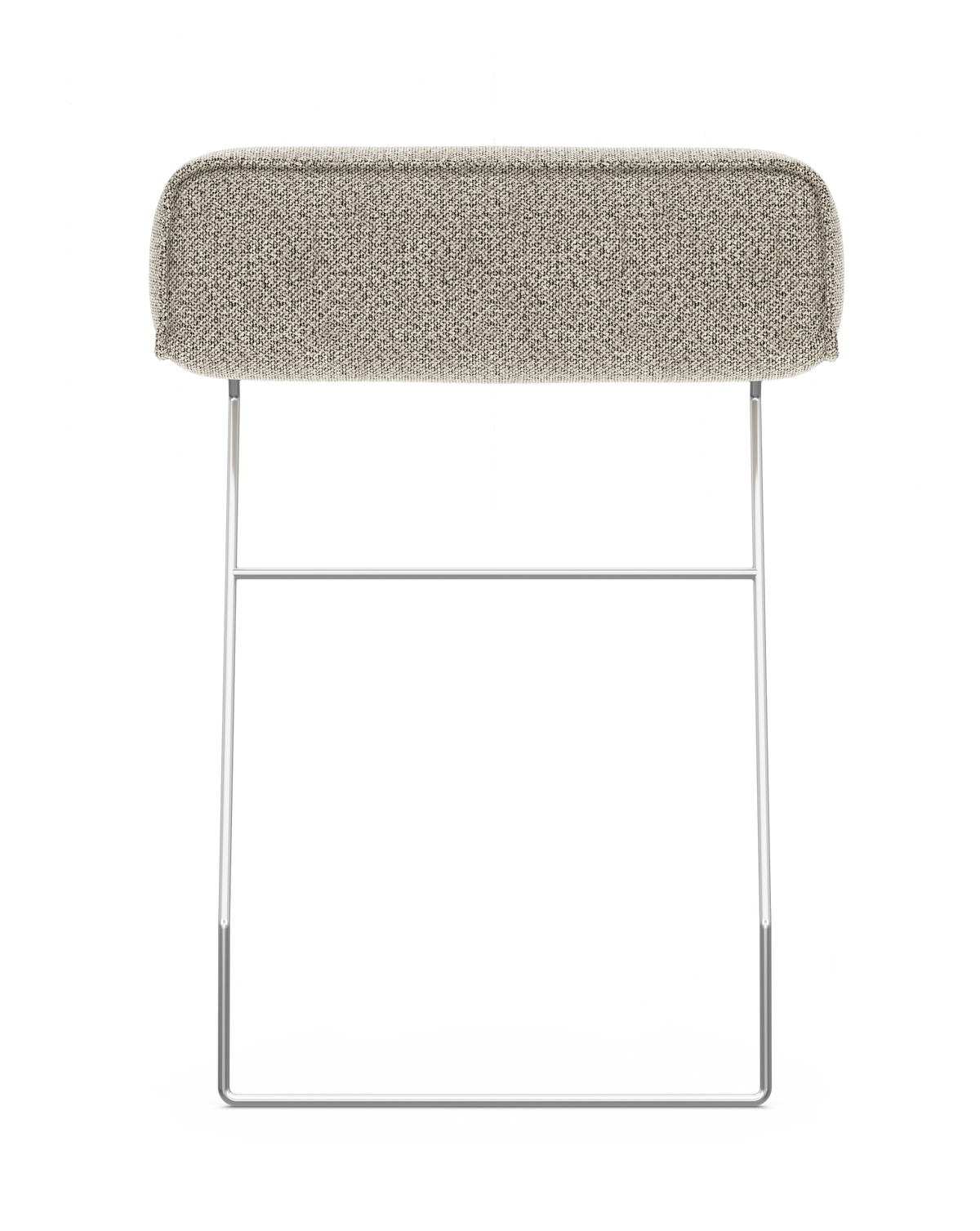 Moderne skammel med beige polstret sæde og kromet slædebase, frilagt på hvid baggrund.
