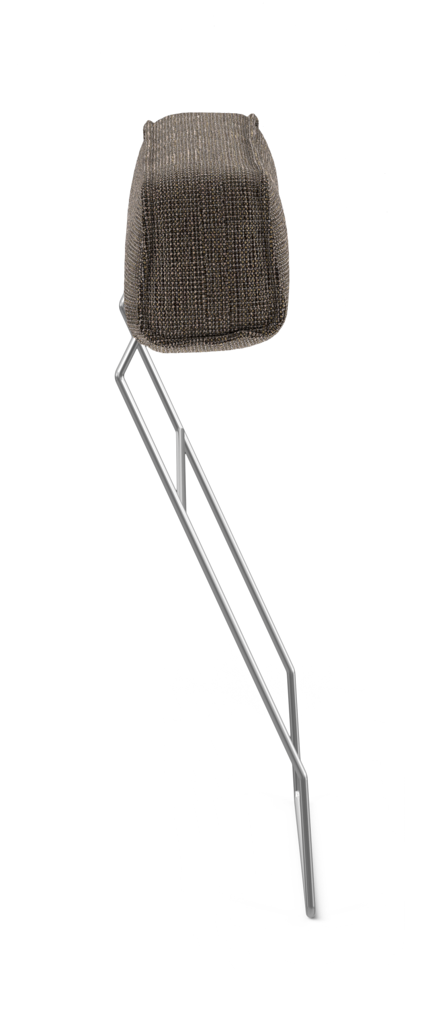 Brungråt tekstil-beklædt nakkestøtte med forkromede metalstænger, frilagt på hvid baggrund.