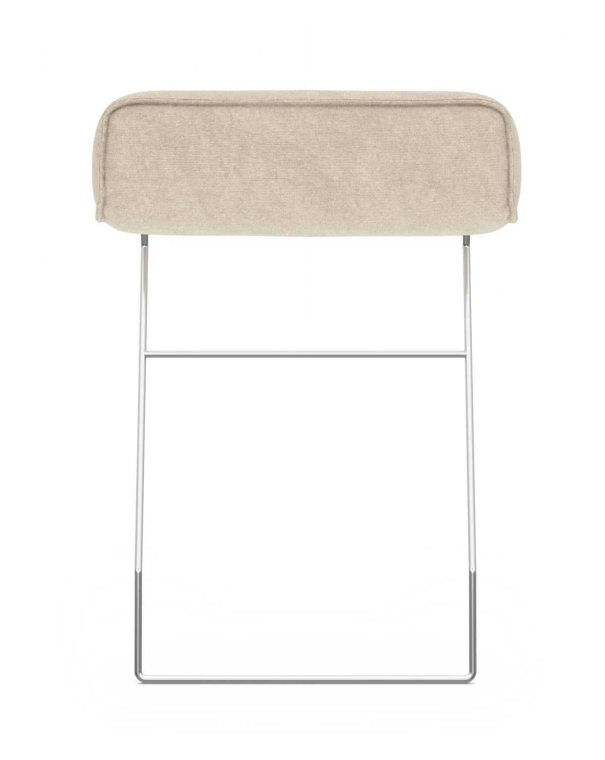 Beige polstret barstol med krom slædebase, set bagfra på hvid baggrund.