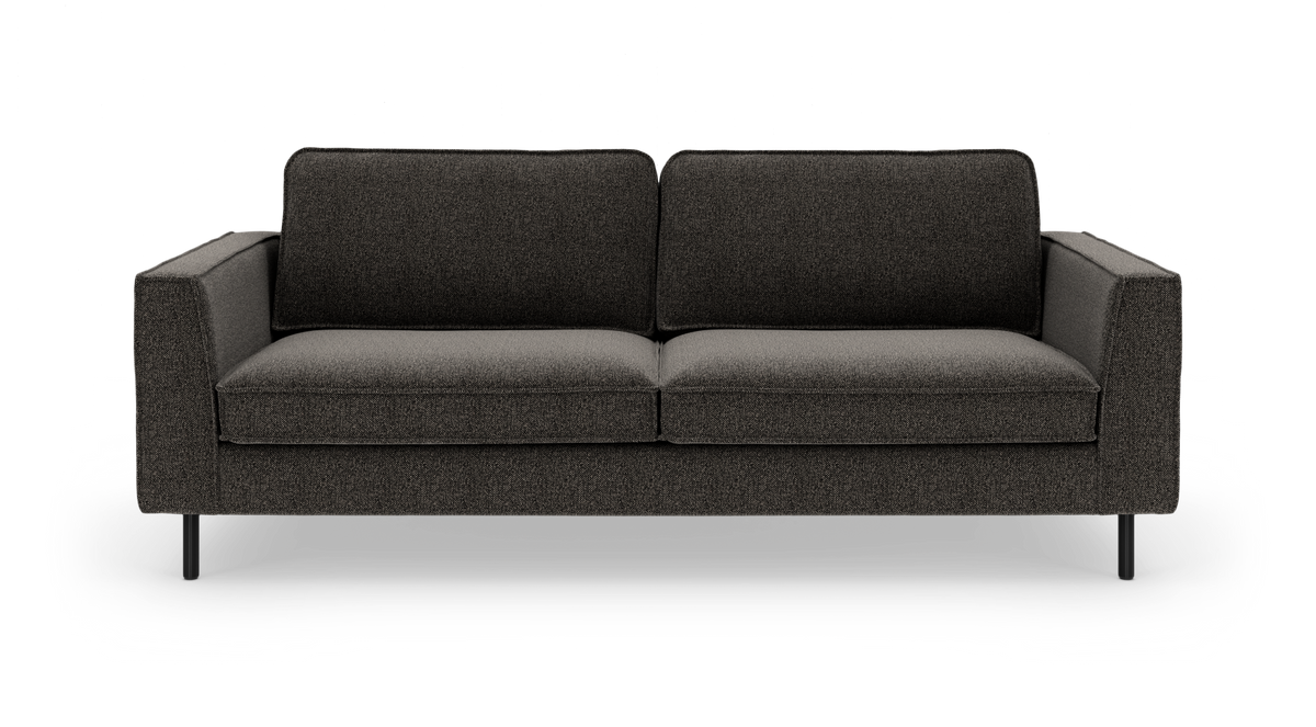 Mørkegrå moderne sofa med rette armlæn og to sædehynder på sorte ben, frilagt mod hvid baggrund.