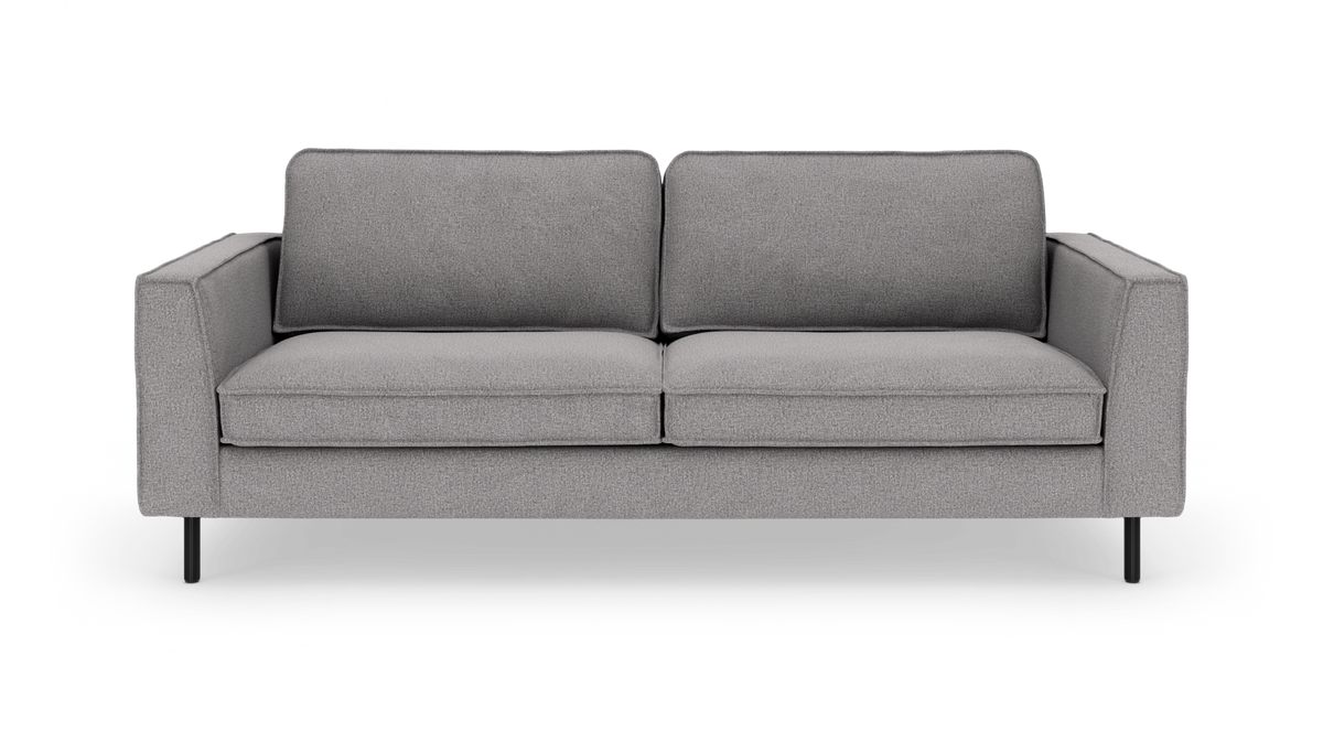 Grå moderne sofa med to sædehynder, frilagt på hvid baggrund.