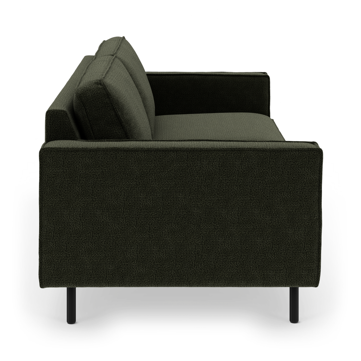 Mørkegrøn moderne sofa set fra siden på hvid baggrund.