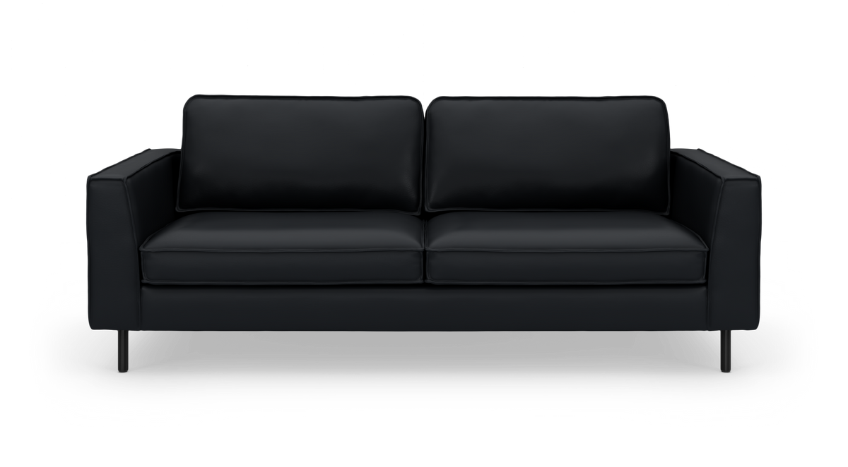 Sort, moderne 3-personers sofa med rene linjer, frilagt på hvid baggrund.