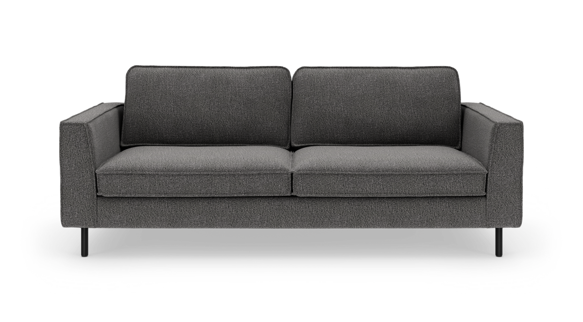 Mørkegrå 2-personers sofa med lige armlæn, frilagt på hvid baggrund.