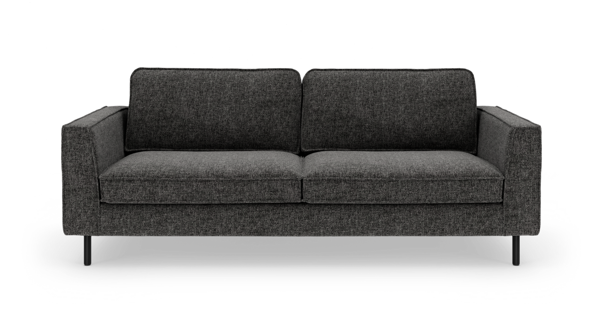 Mørkegrå 3-personers sofa med lige armlæn og metalben, frilagt på hvid baggrund.