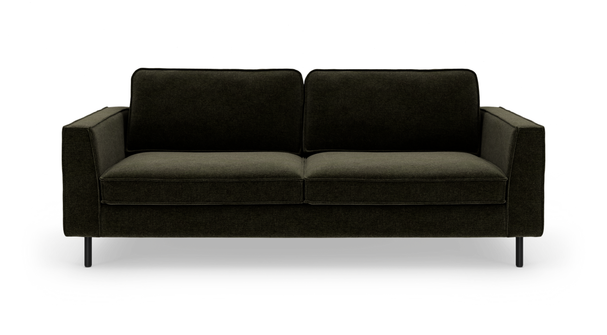Mørkegrøn 3-personers sofa i moderne, stram design med slanke metalben – frilagt på hvid baggrund.