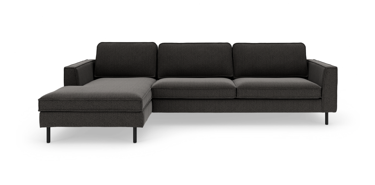 Mørkegrå hjørnesofa med venstrevendt chaiselong i moderne stil.