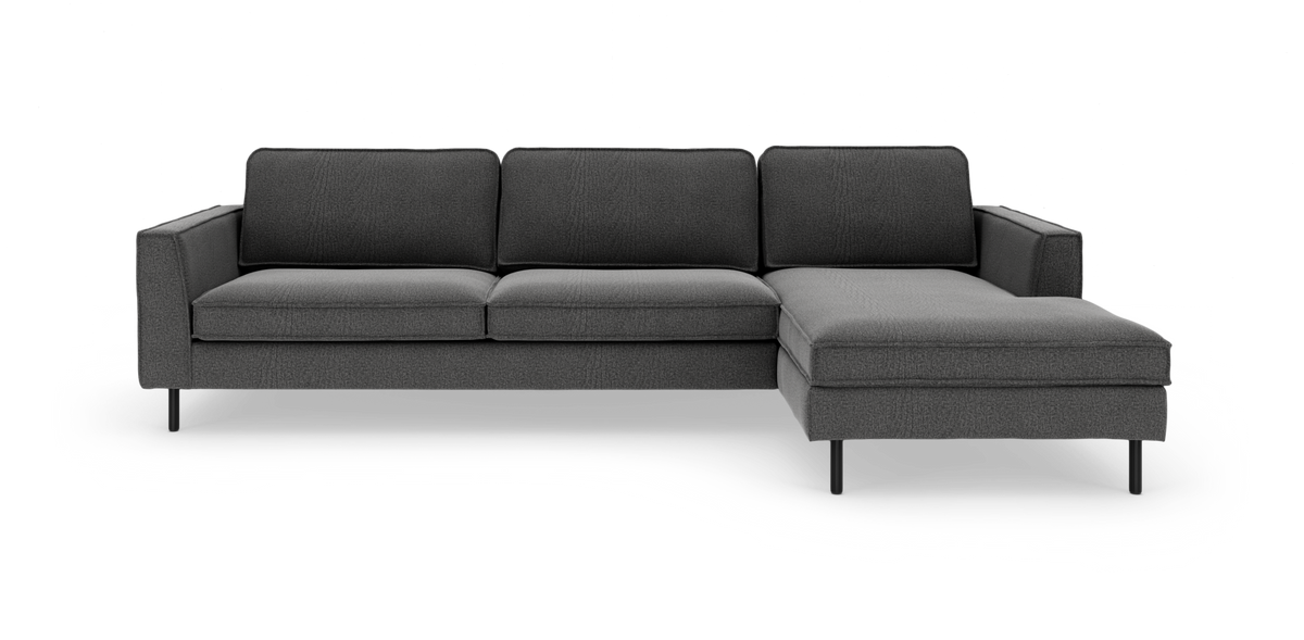 Mørkegrå hjørnesofa med chaiselong højre, frilagt produktfoto.