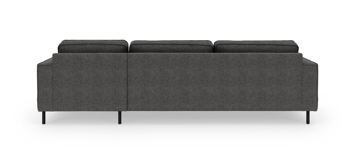 Mørkegrå 3-personers sofa set bagfra på hvid studiobaggrund.