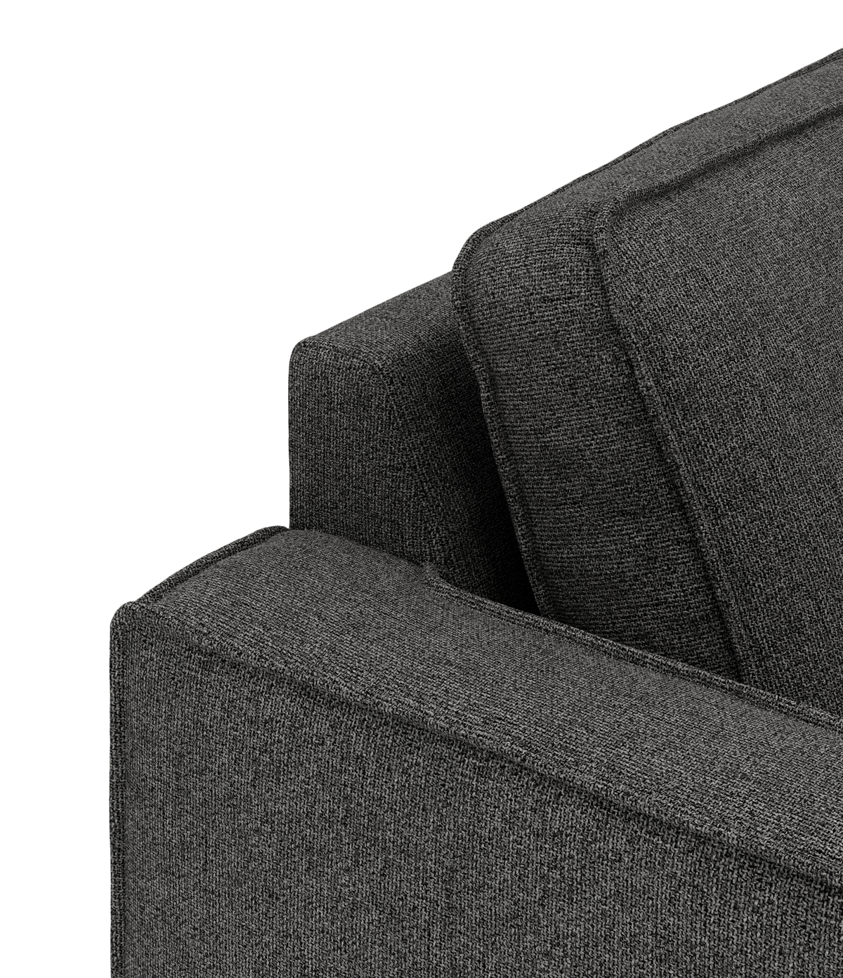 Nærbillede af mørkegrå stofsofa med armlæn og ryghynder mod sort baggrund.