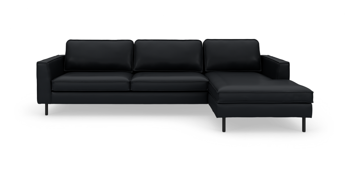 Sort hjørnesofa med chaiselong til højre i moderne, minimalistisk design på hvid baggrund.