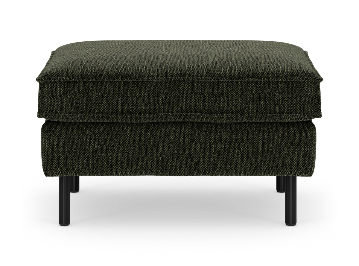 Mørkegrøn stof-ottoman/puf med sorte ben, set forfra på hvid baggrund.