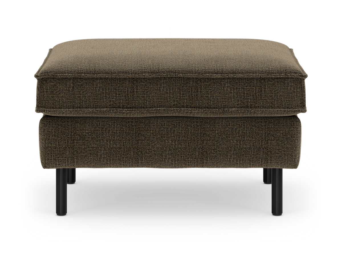 Mørk olivengrøn/brun ottoman i tekstil med sorte metalben, frontvisning.