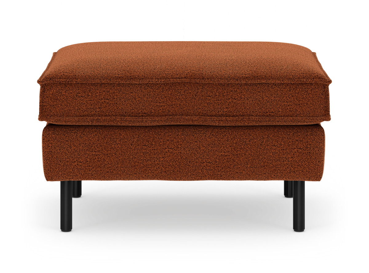 Rustbrun stofpuf/ottoman med sorte metalben, frilagt front.