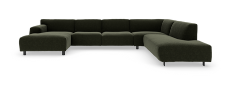 Mørkegrøn modul-hjørnesofa med chaiselong i begge ender og metalben, frilagt produktbillede.