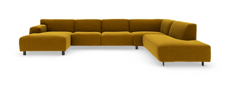 Stor L‑formet modulsofa i sennepsgul tekstil med afrundede former og metalben, fritstående mod hvid studiebaggrund.