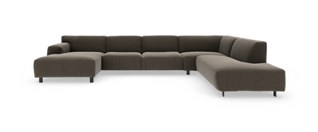 Modulsofa i L‑form med venstre chaiselong og rundet hjørnesektion, i mørk grå/brun bouclé med slanke sorte ben – produktbillede på hvid baggrund.