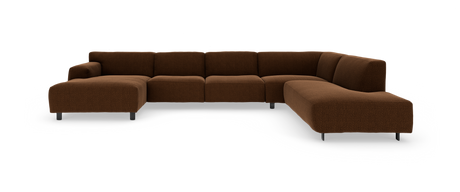 Modulær L‑formet hjørnesofa i brun tekstil med metalben, frilagt på hvid baggrund.