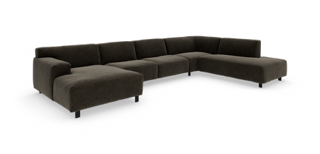 Mørkebrun L‑formet modulhjørnesofa med venstre chaise, vist på hvid studiobaggrund.