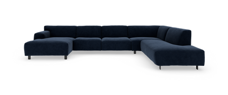 Stor U‑formet modulsofa i mørkeblå manchester/fløjl med venstre chaiselong og afrundet hjørnesektion, fotograferet i studie.