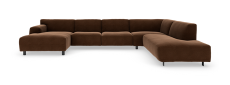 Brun U-formet modulsofa med afrundede hjørner og metalben, frilagt på hvid baggrund.