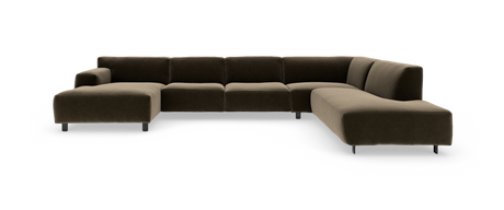 Stor L-formet modulsofa i mørkebrun/beige tekstil med venstrevendt chaiselong, højre afslutning med armlæn og sorte metalben på hvid studiebaggrund.