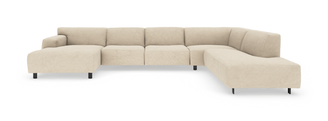 Beige modulsofa i U‑form med chaiselong i begge ender, frilagt på hvid baggrund.