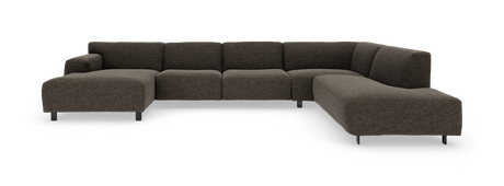 Mørkebrun modulær U‑formet hjørnesofa i stof med metalben, fritlagt på hvid baggrund.