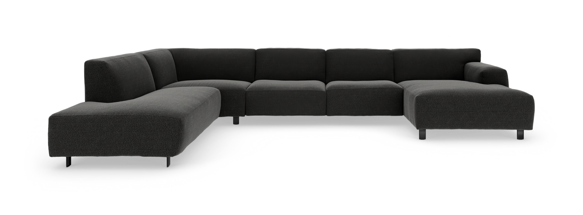 Mørkegrå modulær hjørnesofa i U‑form med chaiselong i begge ender, fritstående på hvid baggrund.