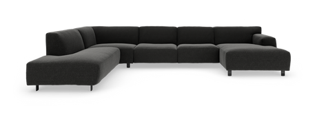 Mørkegrå modulær hjørnesofa i U‑form med chaiselong i begge ender, fritstående på hvid baggrund.