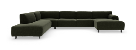 Stor modulsofa i mørkegrønt stof, U‑form med chaiselonger på begge sider, fritstående mod hvid studiebaggrund.