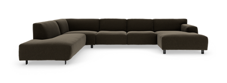 Modulær L-sofa i mørkebrunt stof med højre chaiselong og slanke metalben, frilagt på hvid baggrund.
