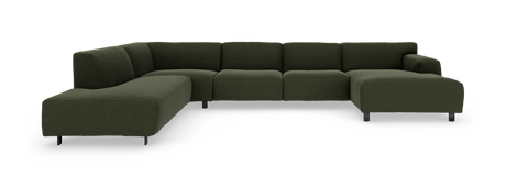 Modulær mørkegrøn hjørnesofa med chaiselong, isoleret på hvid baggrund.