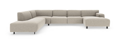 Beige modulsofa i L‑form med højre chaiselong og sorte ben på hvid baggrund.