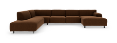 Modulsofa i brun stof, L‑form med bred chaiselong til højre, lav profil og metalben.