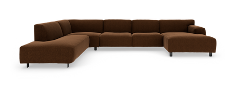 Modulsofa i brun stof, L‑form med bred chaiselong til højre, lav profil og metalben.