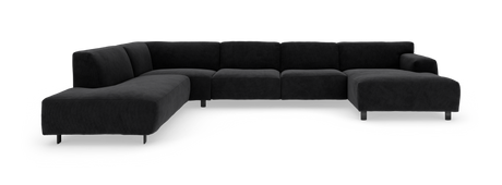 Stor modulsofa i mørkegråt, ribbet stof, U‑form med chaiselong til højre, fritlagt på hvid baggrund.