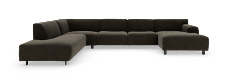 Mørkebrun modulhjørnesofa i fløjl/cord med metalben og chaiselonger i begge ender, frilagt på hvid baggrund.