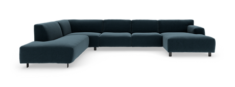 Modulær L‑formet hjørnesofa i mørkt petroleumsblåt stof med slanke sorte ben, fritstående på hvid baggrund.