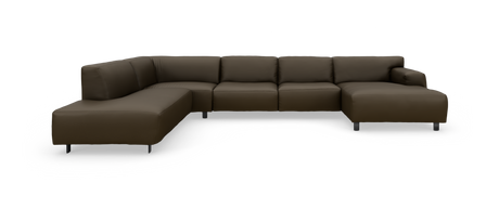 Mørkebrun U‑formet modulhjørnesofa med chaiselong i begge ender, fritstående mod hvid baggrund.