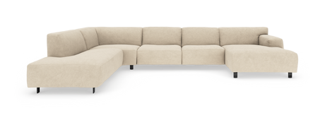 Beige modulhjørnesofa med højre chaiselong og sorte ben på hvid baggrund.