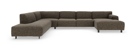 Modulær U-sofa i brunmeleret stof med højre chaiselong, frilagt på hvid baggrund.