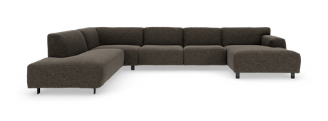 Modulær L‑formet hjørnesofa i mørkebrunt stof med lav profil og slanke sorte ben.